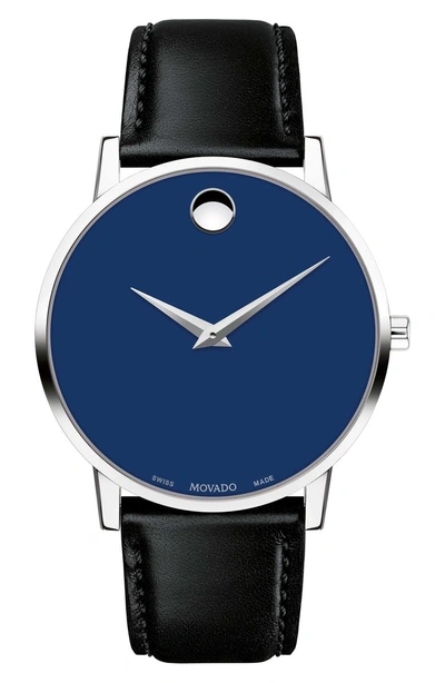 Shop Movado Leather Strap Watch, 40mm In Black/ Blue/ Silver