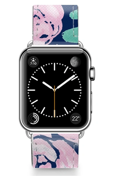 Shop Casetify Pink Peonies Saffiano Faux Leather Apple Watch Strap In Pink/ Silver