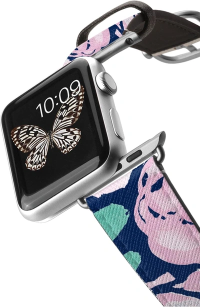 Shop Casetify Pink Peonies Saffiano Faux Leather Apple Watch Strap In Pink/ Silver
