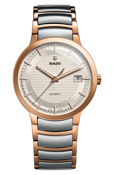 Shop Rado Centrix Logo Embossed Automatic Bracelet Watch, 38mm In Silver/ Rose Gold