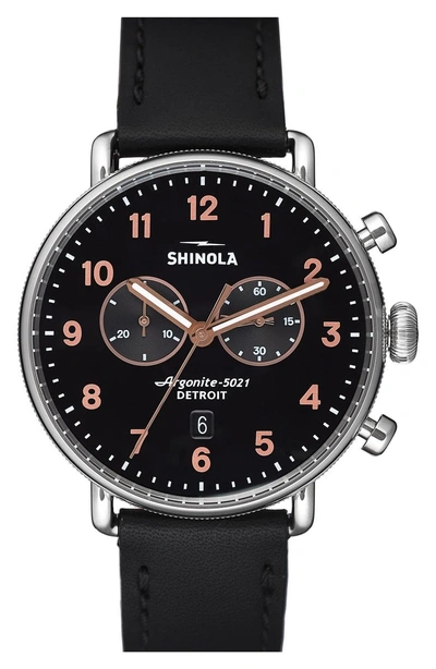 Shop Shinola The Canfield Chrono Leather Strap Watch, 43mm In Black/ Rose Gold/ Silver