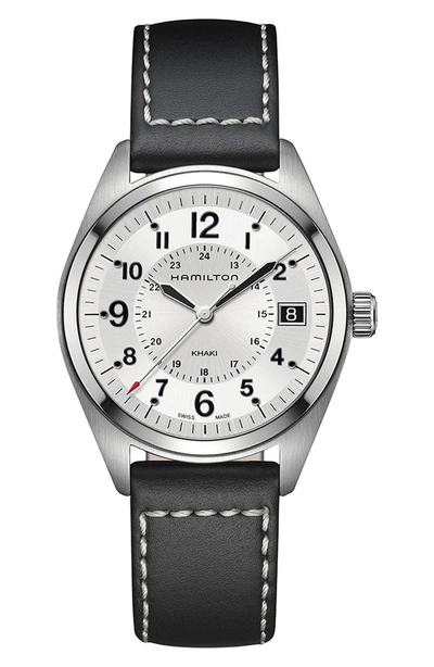 Shop Hamilton Khaki Field Leather Strap Watch, 40mm In Black/ Silver