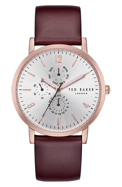 Shop Ted Baker Graham Multifunction Leather Strap Watch, 40mm In Silver/ Brown