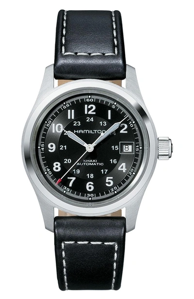 Shop Hamilton Khaki Field Automatic Leather Strap Watch, 38mm In Black/ Silver
