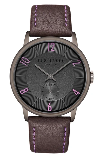 Shop Ted Baker Daniel Leather Strap Watch, 42mm In Grey/ Brown