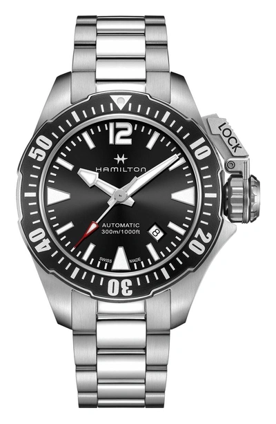 Shop Hamilton Khaki Navy Frogman Automatic Bracelet Watch, 42mm In Silver/ Black/ Silver