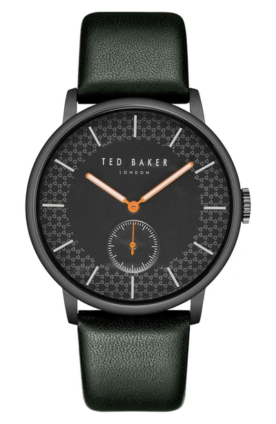 Shop Ted Baker James Leather Strap Watch, 42mm In Black/ Dark Green