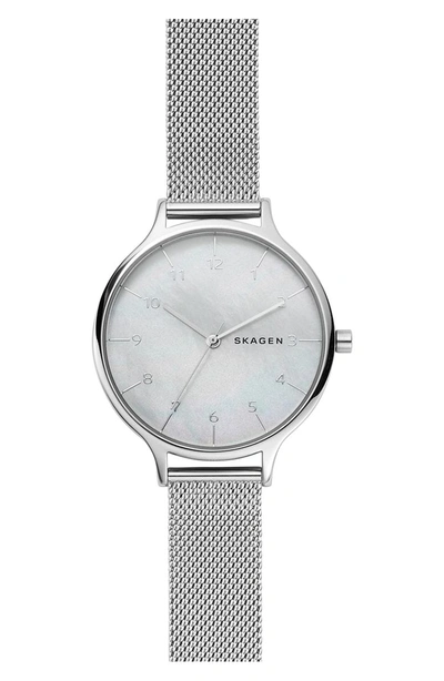 Shop Skagen Anita Mesh Strap Watch, 36mm In Silver/ Mop/ Silver