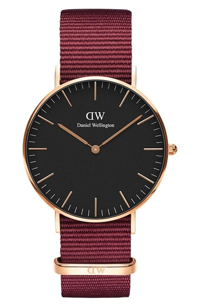 Shop Daniel Wellington Classic Roselyn Nylon Strap Watch, 36mm In Red/ Black / Rose Gold