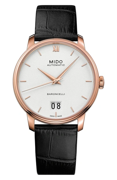 Shop Mido Baroncelli Iii Automatic Leather Strap Watch, 40mm In Black/ White/ Rose Gold