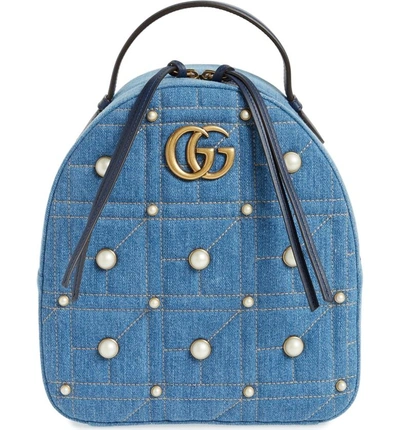 Shop Gucci Gg Marmont 2.0 Imitation Pearl Embellished Denim Backpack - Blue In Denim Blue