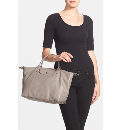 Shop Longchamp Medium 'le Pliage Cuir' Leather Top Handle Tote - Grey In Pebble