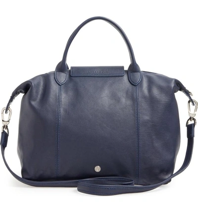 Shop Longchamp Medium 'le Pliage Cuir' Leather Top Handle Tote - Blue In New Navy