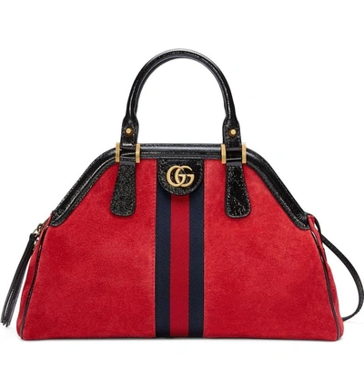 Shop Gucci Medium Re(belle) Suede Satchel - Red In Hibiscus Red/ Nero/ Blue Red