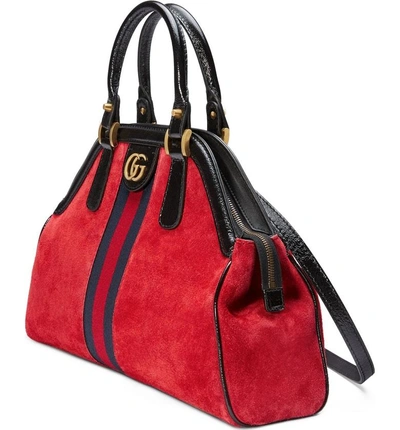Shop Gucci Medium Re(belle) Suede Satchel - Red In Hibiscus Red/ Nero/ Blue Red