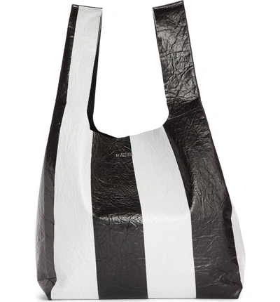 Shop Balenciaga Supermarket Shopper Stripe Leather Bag - Black In Noir/ Blanc