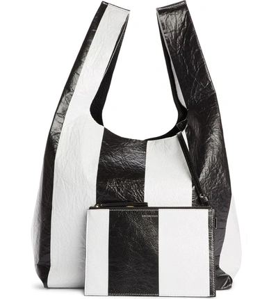 Shop Balenciaga Supermarket Shopper Stripe Leather Bag - Black In Noir/ Blanc