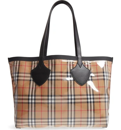 Shop Burberry Giant Vintage Transparent/check Reversible Tote - Beige In Antique Yellow/ Black