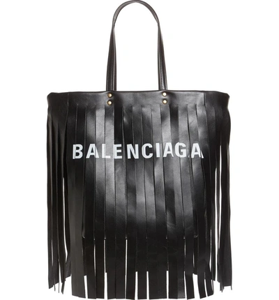 Shop Balenciaga Small Laundry Cabas Fringe Calfskin Tote - Black In Noir/ Blanc