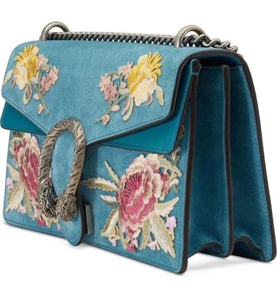 Shop Gucci Small Dionysus Embroidered Suede Shoulder Bag - Blue In Zaffiro/ Zaffiro Multi