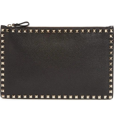 Shop Valentino Large Rockstud Pebbled Leather Pouch - Black In Nero