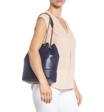 Shop Tory Burch Fleming Leather Bucket Bag - Blue In Royal Navy