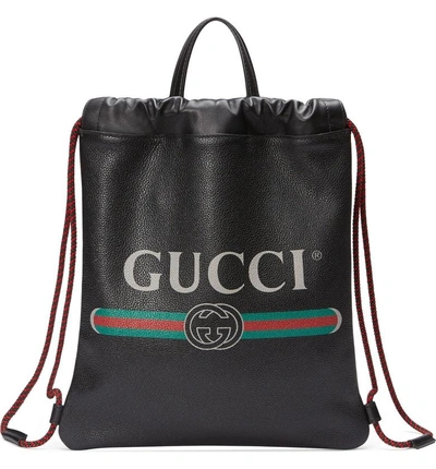 Shop Gucci Small Logo Leather Drawstring Backpack In Nero/ Vert Red Vert