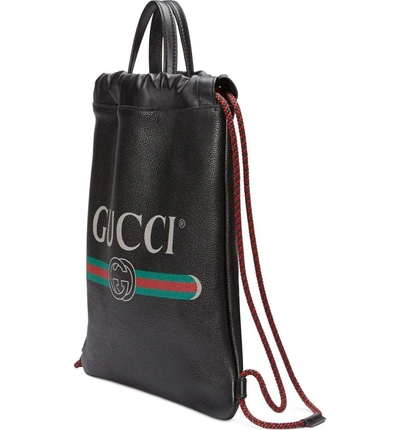 Shop Gucci Small Logo Leather Drawstring Backpack In Nero/ Vert Red Vert