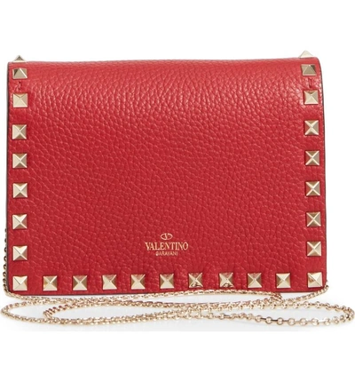 Shop Valentino Rockstud Leather Pouch Wallet On A Chain - Red