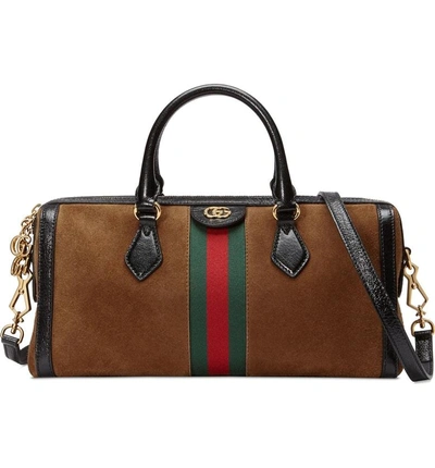 Shop Gucci Suede Top Handle Bag In Nocciola/ Nero/ Vert Red Vert