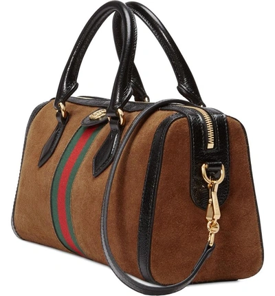 Shop Gucci Suede Top Handle Bag In Nocciola/ Nero/ Vert Red Vert