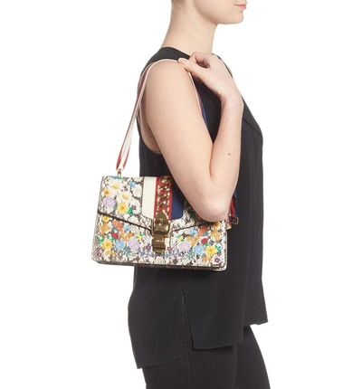 Shop Gucci Small Sylvie Floral Embroidered Genuine Snakeskin Shoulder Bag - Grey In Roccia Multi