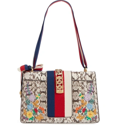 Shop Gucci Small Sylvie Floral Embroidered Genuine Snakeskin Shoulder Bag - Grey In Roccia Multi