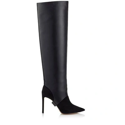 Shop Jimmy Choo Hurley 100 Black Suede And Calf Leather Two-piece Knee-high Booties In Black/black