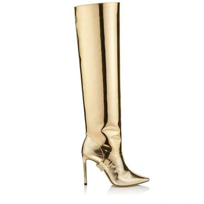 Shop Jimmy Choo Hurley 100 Gold Liquid Mirror Leather Two-piece Knee High Booties