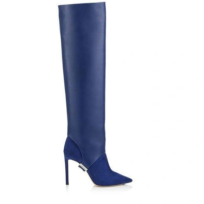 Shop Jimmy Choo Hurley 100 Pop Blue Suede And Calf Leather Two-piece Knee-high Booties In Pop Blue/pop Blue