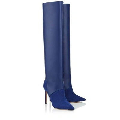 Shop Jimmy Choo Hurley 100 Pop Blue Suede And Calf Leather Two-piece Knee-high Booties In Pop Blue/pop Blue