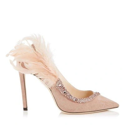 Shop Jimmy Choo Tacey 100 Ballet Pink Suede Pointy Toe Pumps With Crystals And Feathers In Ballet Pink/ballet Pink Mix