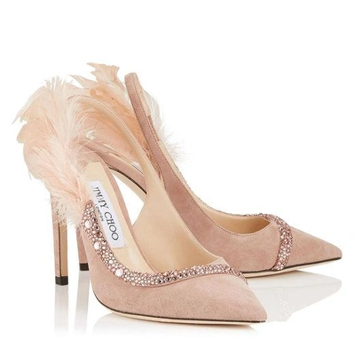 Shop Jimmy Choo Tacey 100 Ballet Pink Suede Pointy Toe Pumps With Crystals And Feathers In Ballet Pink/ballet Pink Mix