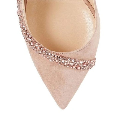 TACEY 100 Ballet Pink Suede Pointy Toe Pumps with Crystals and Feathers