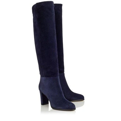 Shop Jimmy Choo Madalie 80 Navy Velvet Suede Knee High Boots