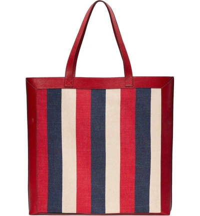 Shop Gucci Stripe Canvas Tote - Red In Hibiscus Red/ White/ Blue