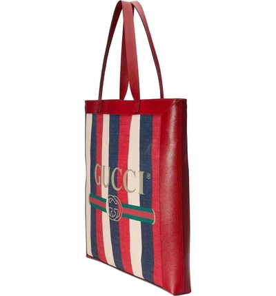 Shop Gucci Stripe Canvas Tote - Red In Hibiscus Red/ White/ Blue