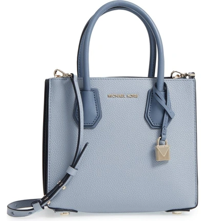 Shop Michael Michael Kors Medium Mercer Pebbled Leather Tote - Blue In Pale Blue