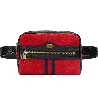 Shop Gucci Ophidia Small Suede Belt Bag - Red In Hibiscus Red/ Nero/ Blue