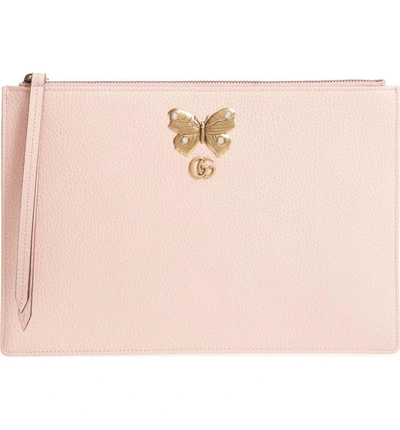 Shop Gucci Linea Farfalla Leather Pouch - Pink In Perfect Pink/ Crystal