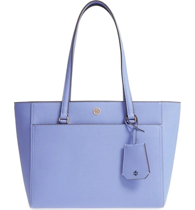 Shop Tory Burch Small Robinson Leather Tote In Bow Blue