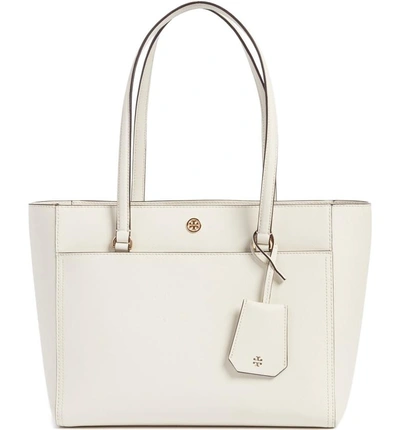 Shop Tory Burch Small Robinson Leather Tote In Birch / Shell Pink