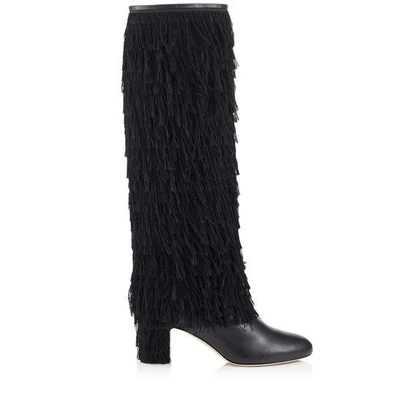 Shop Jimmy Choo Magalie 65 Black Calf Leather Knee High Booties With Fringe Detailing