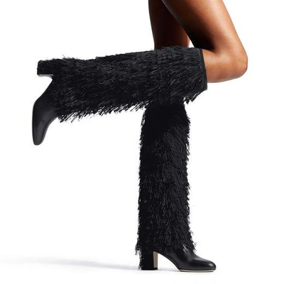 Shop Jimmy Choo Magalie 65 Black Calf Leather Knee High Booties With Fringe Detailing